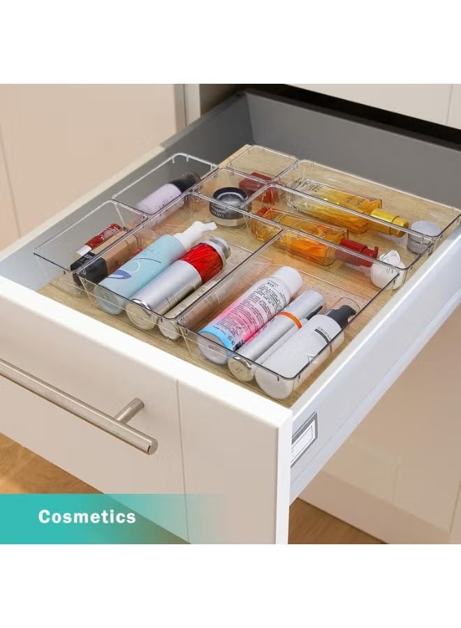 8 Pack Desk Drawer Organizers, Clear Drawer Organizers, Toiletry and Storage Organizers, Non-Slip Plastic Drawer Organizer for Makeup, Bathroom, Kitchen and Office - Image 1